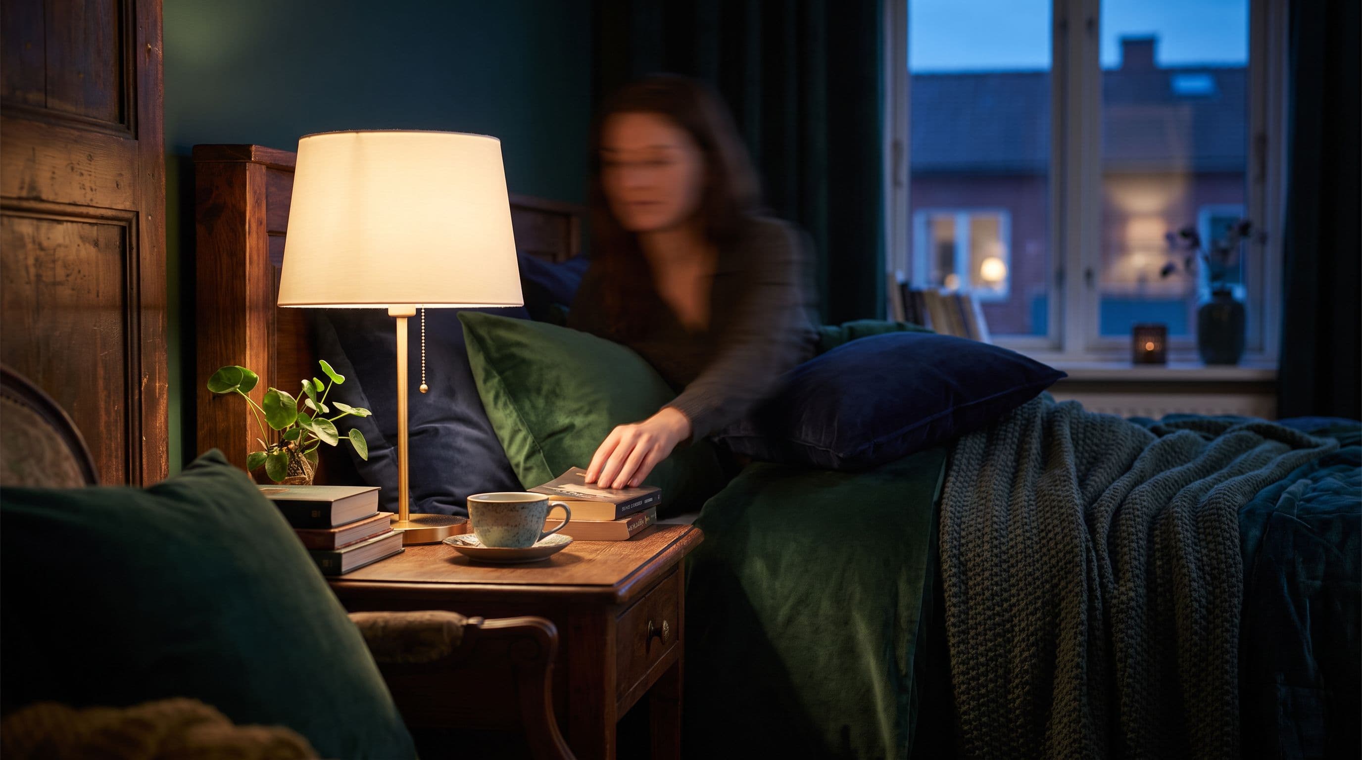 Une lampe de chevet allumée au crépuscule, dans une chambre habitée